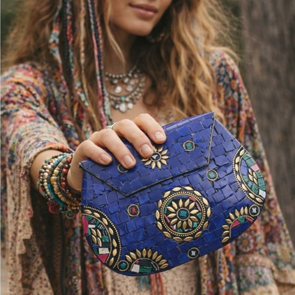 Ramla‎ Stunning Blue Mosaic Clutch Crossbody Bag With Gold Chain